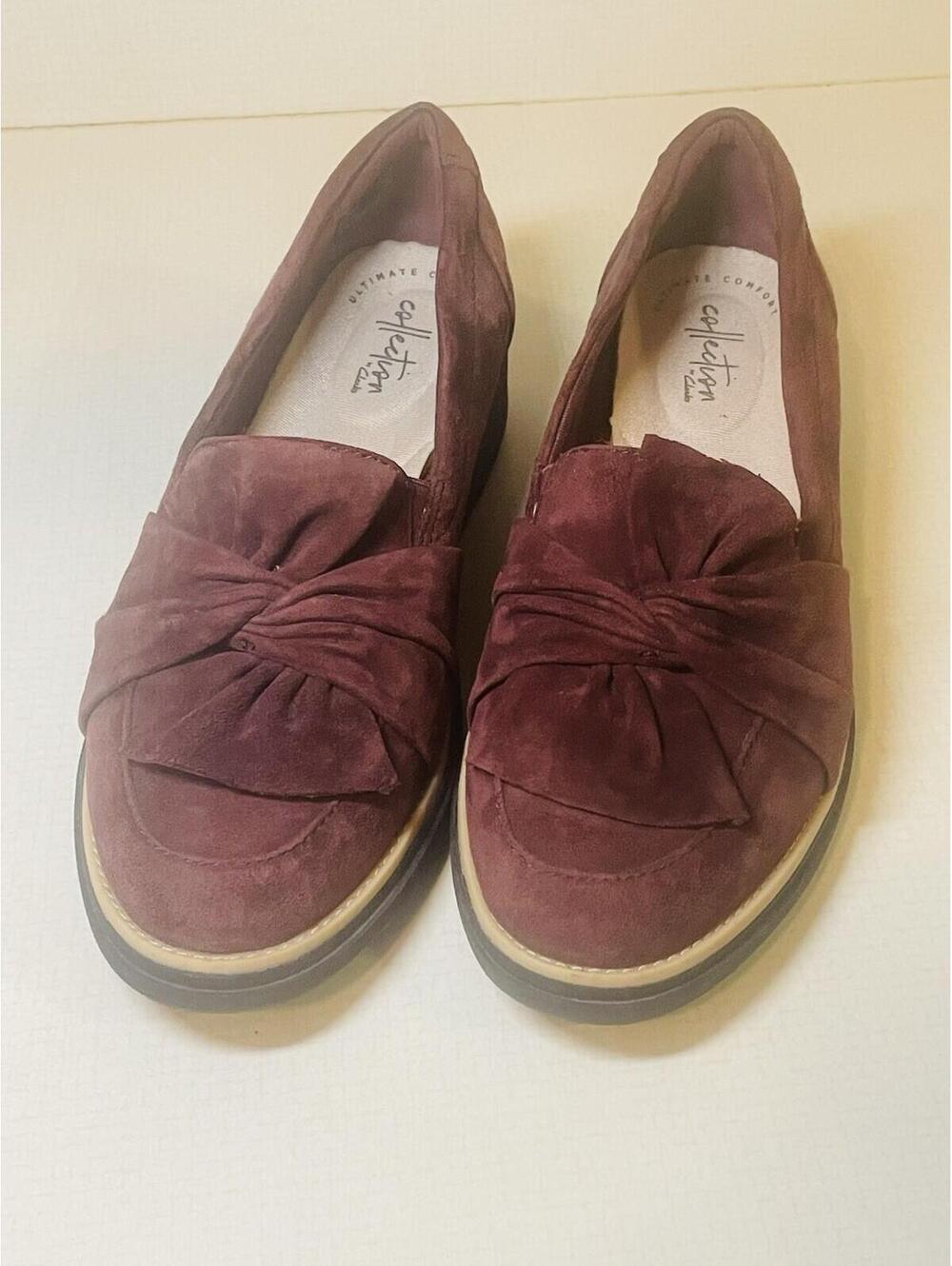CLARKS Sharon Dasher Loafers Size 8 Med Burgundy Suede Knotted Bow Slip On